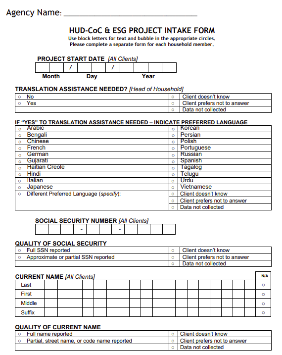 Funding Specific Enrollment Forms Universal Intakes Helpdesk Homeless Management 6136