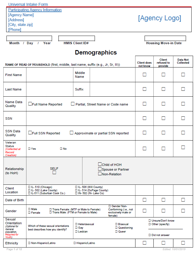 Universal Intake Form Helpdesk Homeless Management Information System Hmis 0692