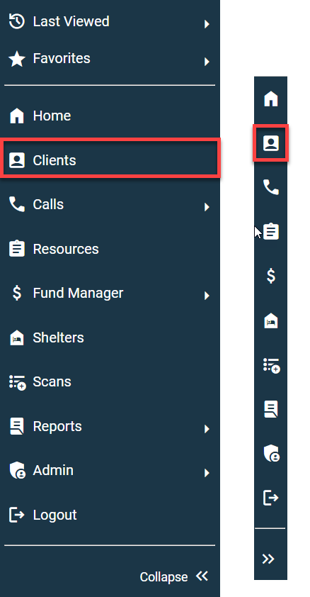 Screenshots of the Menu panel, expanded and collapsed, of the Community Service/HMIS site. Boxed in red is the word Clients and its corresponding icon, when collapsed. 