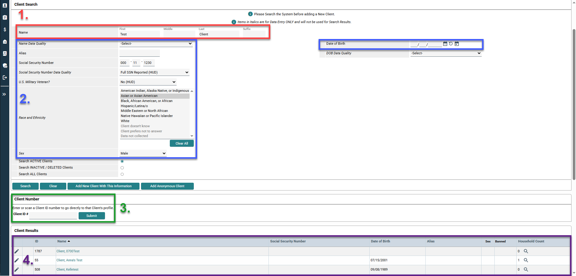 Screenshot of the Clients Search page in the Community Services/HMIS site. Boxed in red is the Name Fields. Boxed in blue are other data elements that can be filled in: Alias, Social Security Number, Veteran, Sex, and Date of Birth. Boxed in green is the Client Number search box. Boxed in purple is the Client Search Result table, with several columns of data, including: Client ID number, Name, Social Security Number, Date of Birth, and Sex.