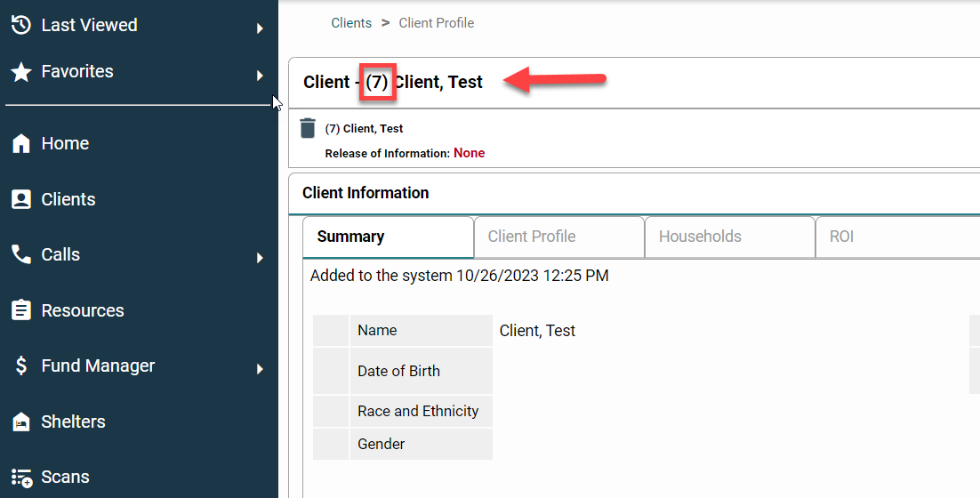 Partial screenshot of the Community Services/HMIS site, Client record page. Boxed in red, and has a red arrow point towards, is where on this page can the Client ID be found. 