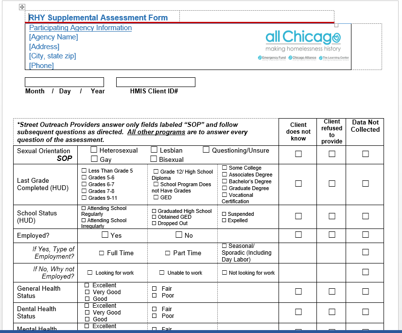 Rhy Supplemental Intake Form October 2016 Helpdesk Homeless Management Information System 5635